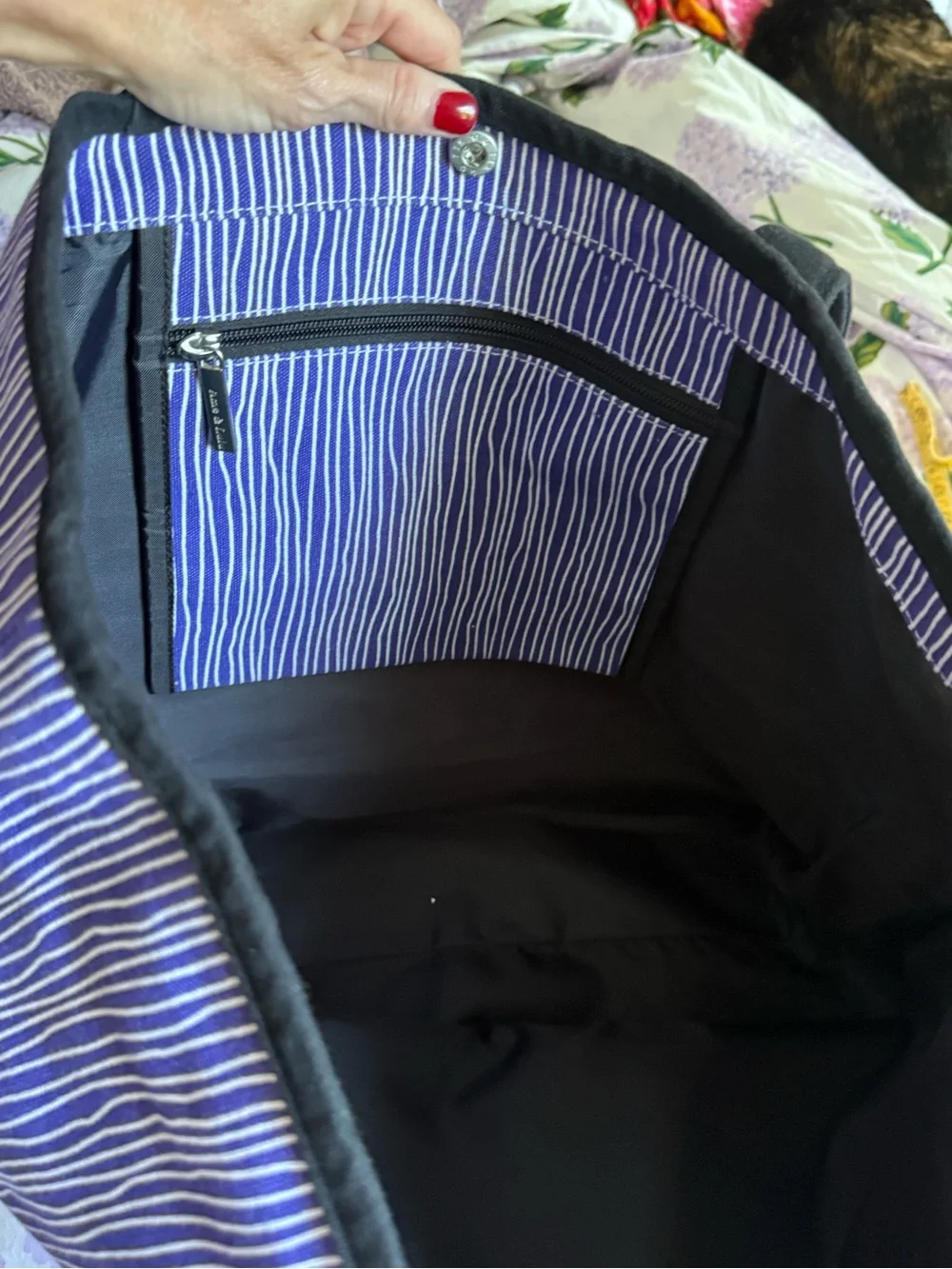 Ame & Lulu Purple & White Striped Tote with Black Handles